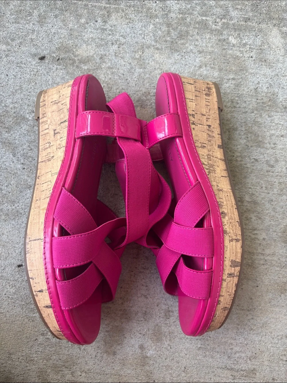 Laura Ashley Bright Pink Elastic Crossover Cork Wedge Sandals